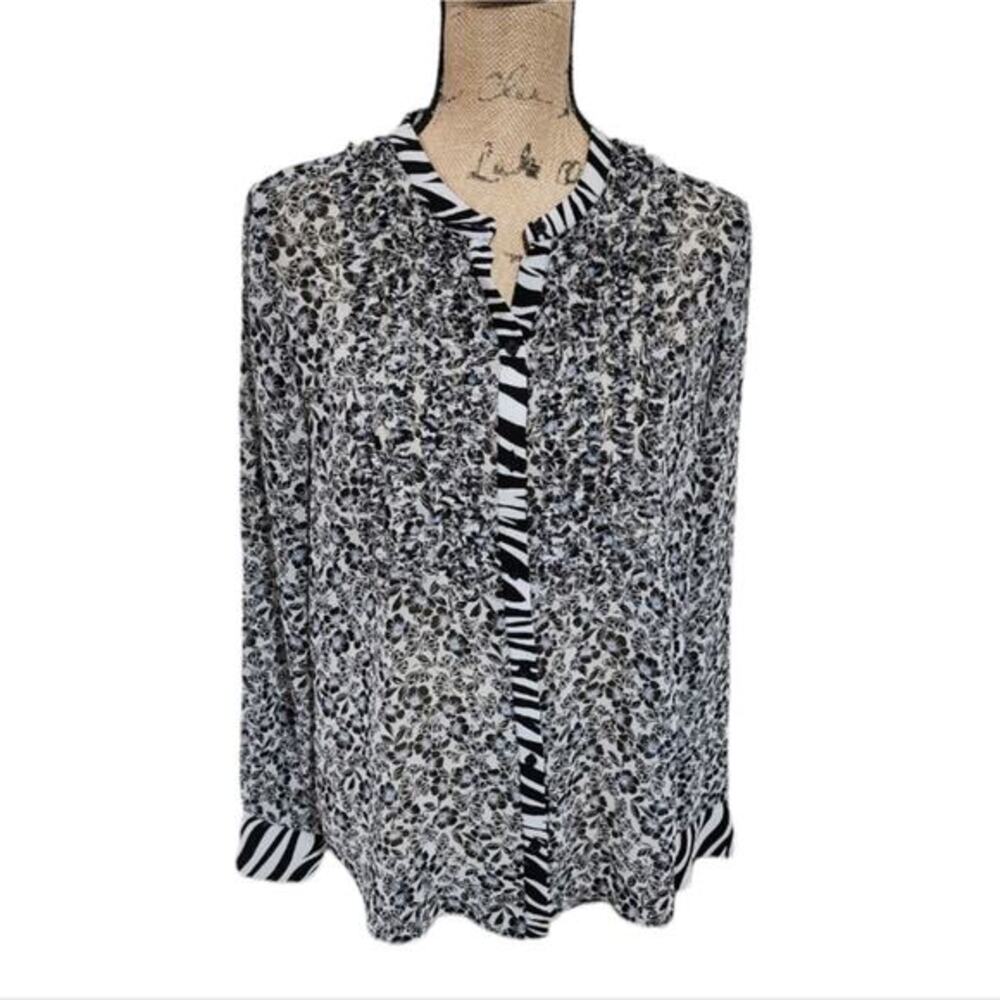 Whbm Ruffle Tuxedo‎ Trim Floral and Zebra Print Button Up Shirt Size Medium